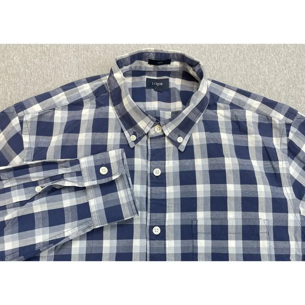 J Crew Shirt Men Medium White Plaid 100% Cotton Long Sleeve Slim Fit Button Down